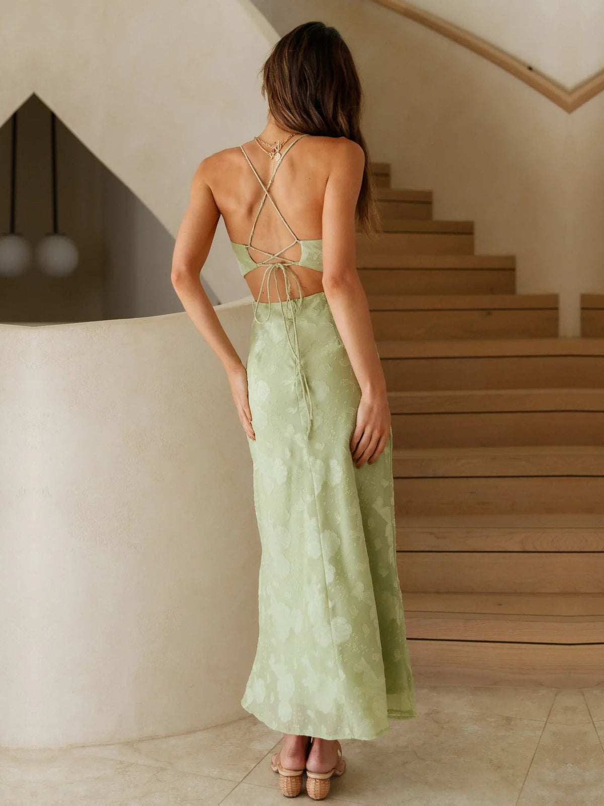 Sage sheath midi formal dress with floral print, full-length back view