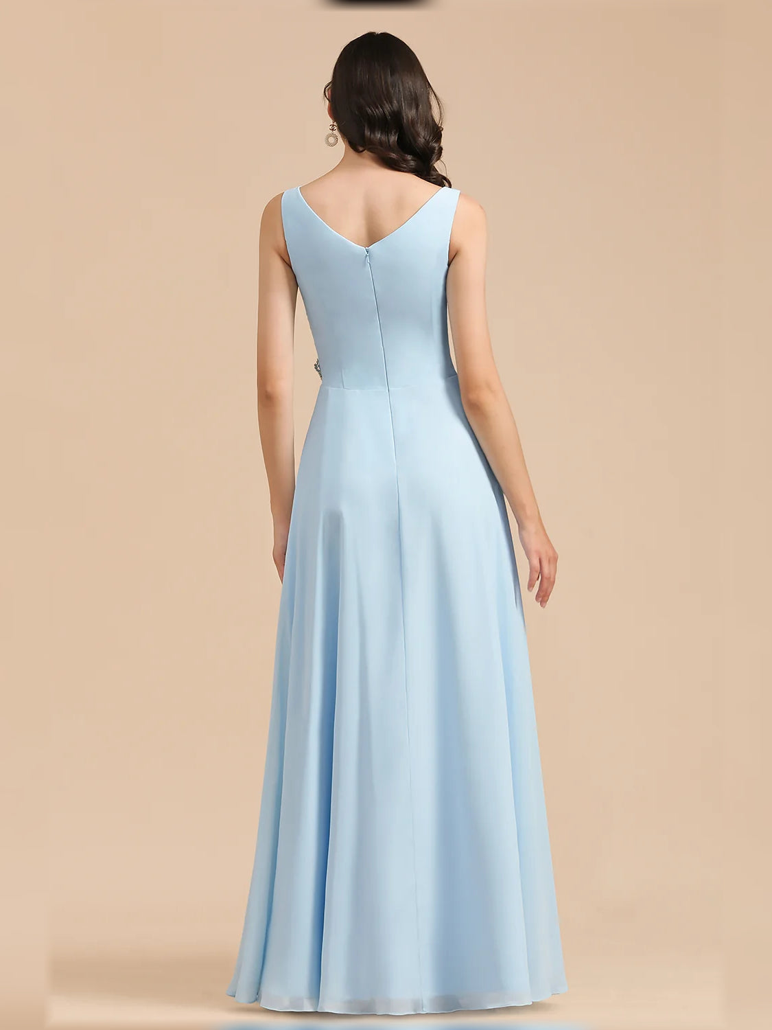 Sky blue V-back A-line chiffon bridesmaid dress, sleeveless with pleated skirt
