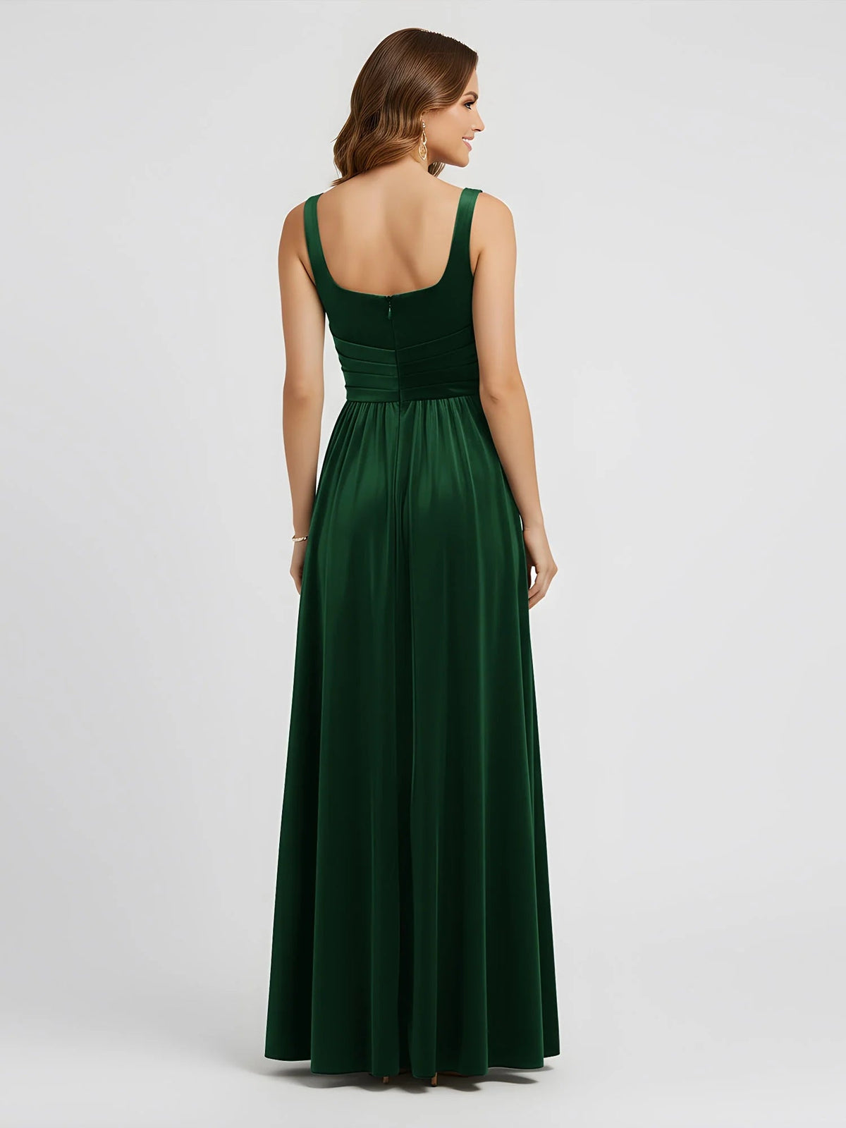 Square-neck ruching formal dress in dark green, back view
