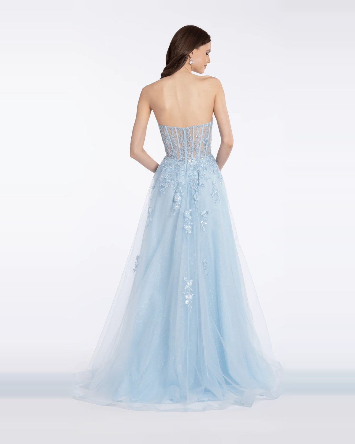 Blue floor-length ball-gown prom dress with corset back and embroidered tulle details