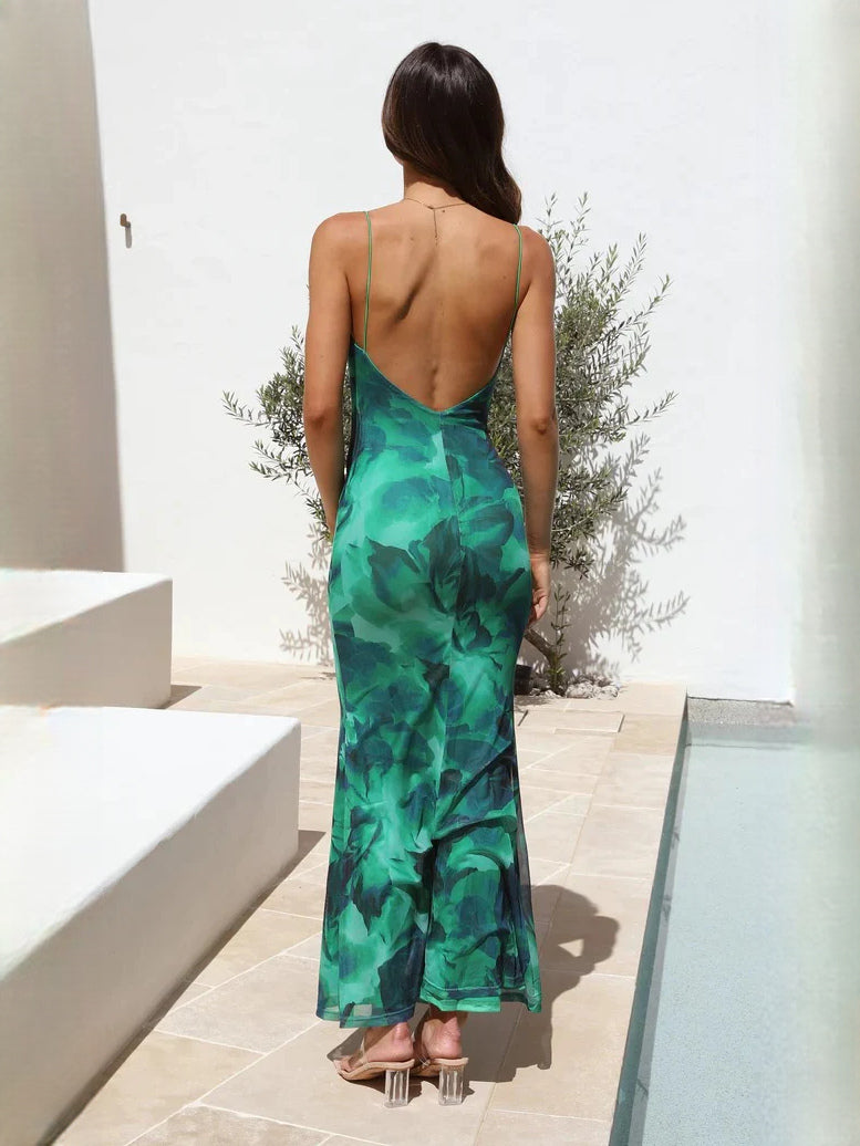 Emerald Green Floral Print sheath maxi formal dress with sheath, full-length back view
