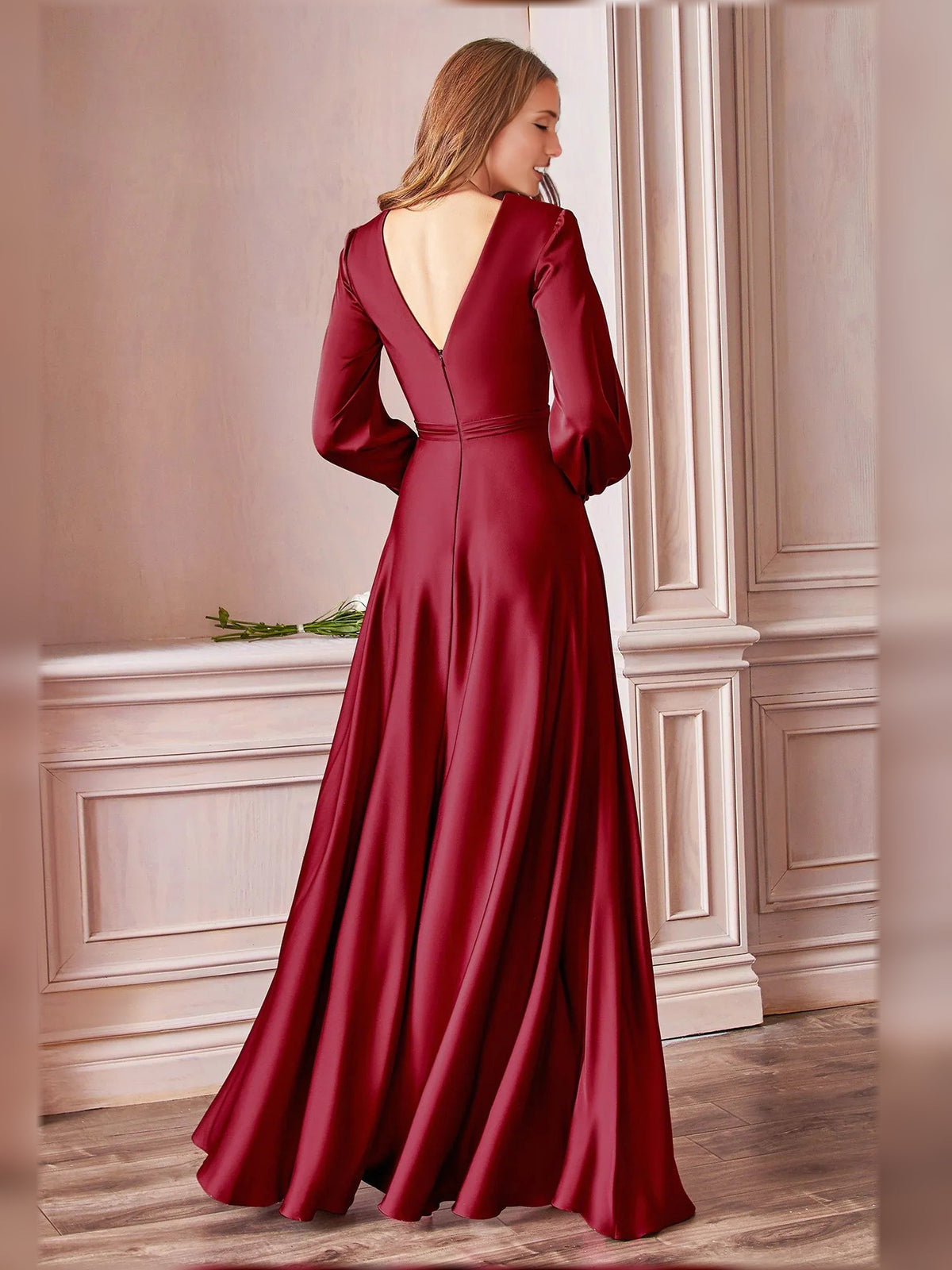 V-neck long-sleeve pleated formal dress in burgundy satin with open-back and leg slit
