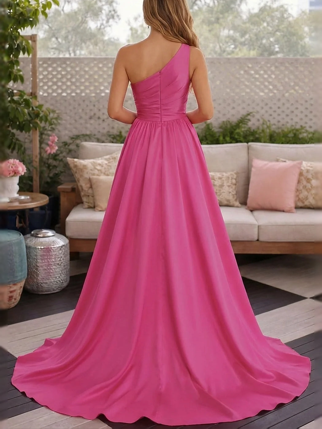 Hot pink one-shoulder satin maxi dress with ruched back and thigh-high slit