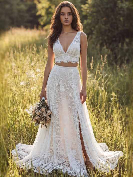 Ivory lace V-neck A-line wedding dress with front slit and train