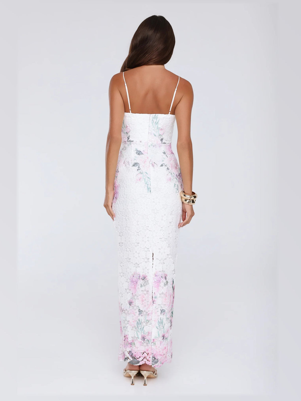 White maxi formal dress, back full-length view showing the bodice