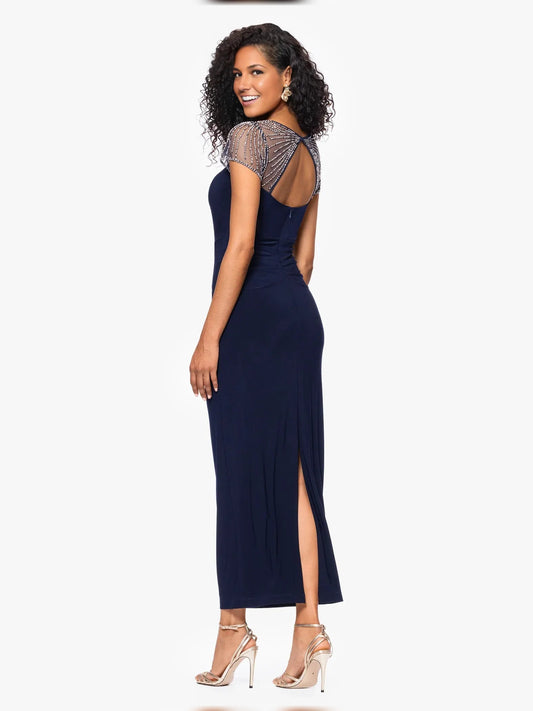 Dark navy backless jersey maxi dress, square neckline, beaded cap sleeves