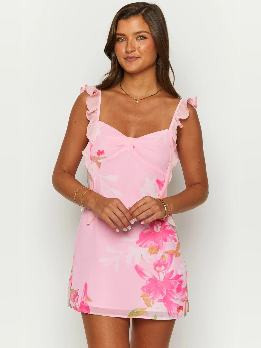Pink floral mini dress with ruffled straps and square neckline, gathered bust with bow