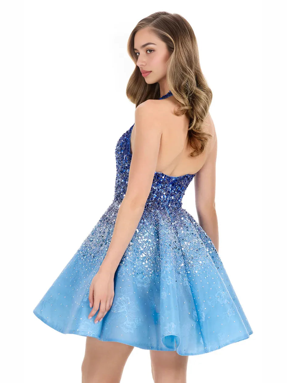 Blue halter-neck sequin A-line mini dress, open back, flared skirt.