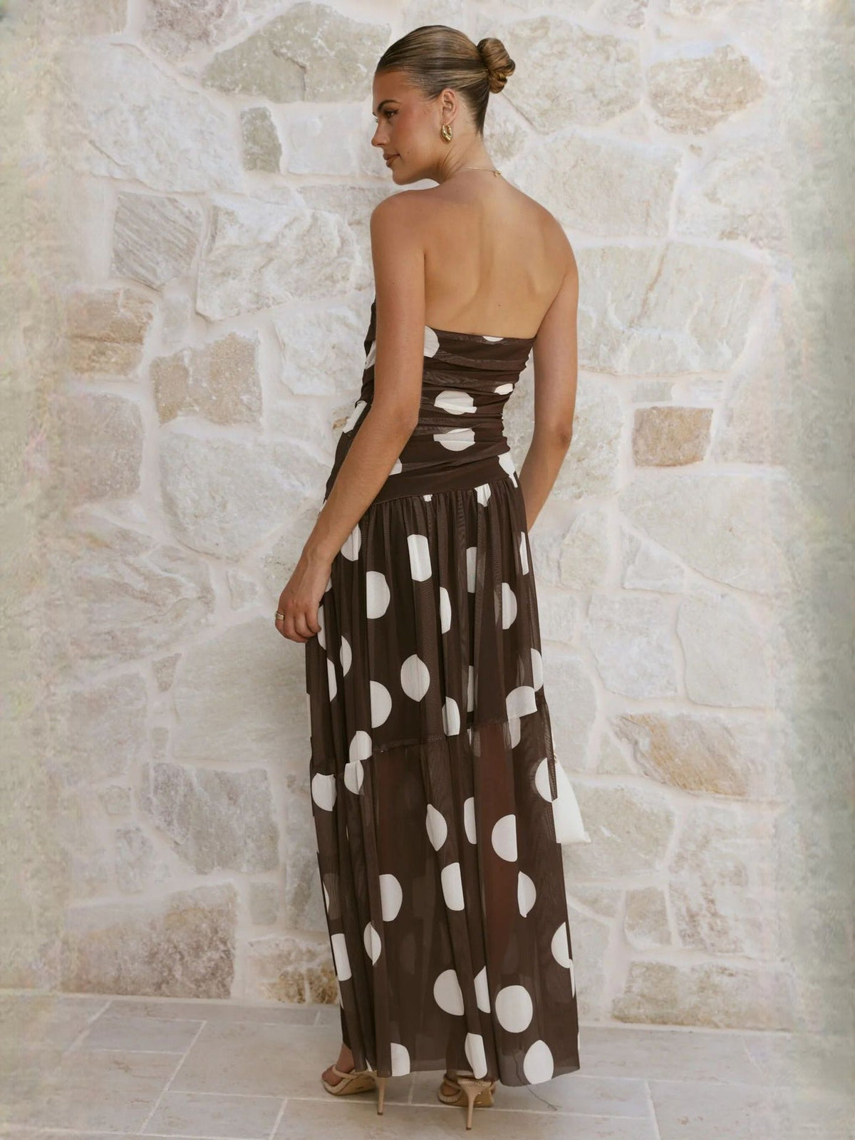 Chocolate White Polka Dot a-line maxi formal dress with printed pattern, full-length back view