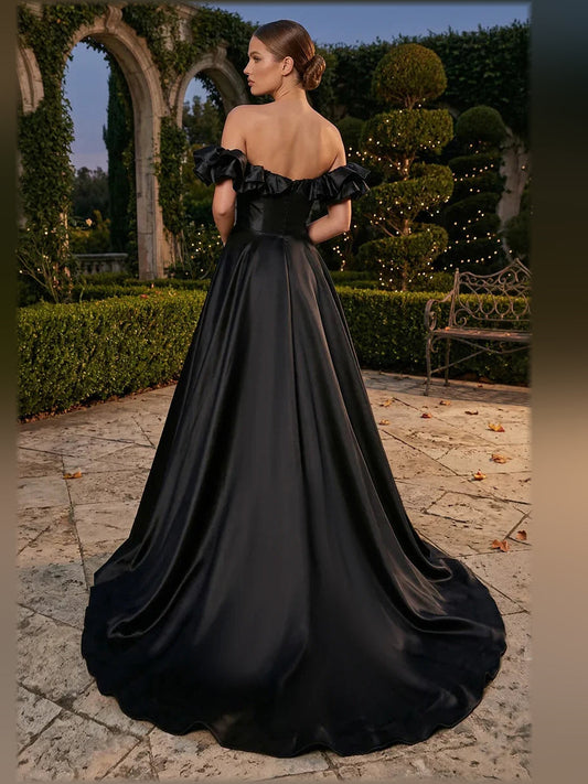 Black off-shoulder ruffle formal dress, open back and A-line floor-length skirt