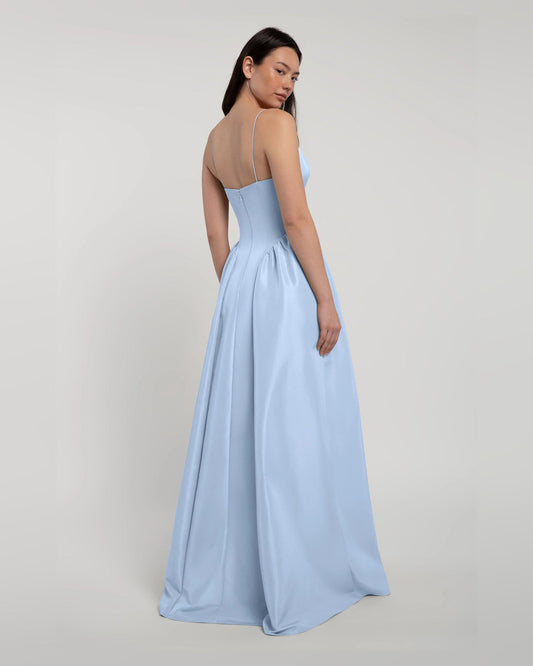 Light blue A-line maxi formal dress, open-back style with spaghetti straps