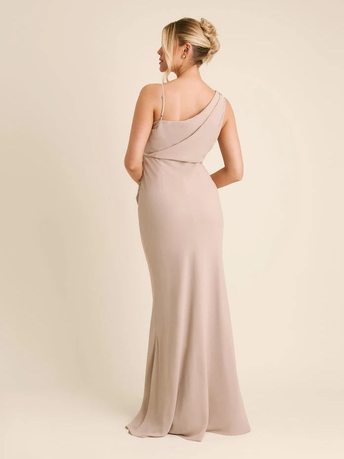 Taupe chiffon floor-length sheath dress, cowl neck drape, low back, spaghetti straps