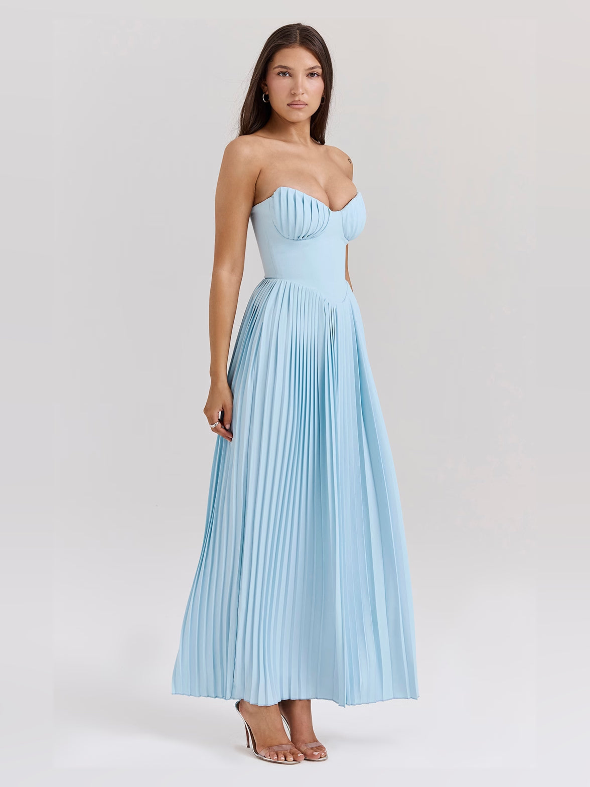 Ocean Blue a-line maxi formal dress with pleated skirt, alternate full-length view