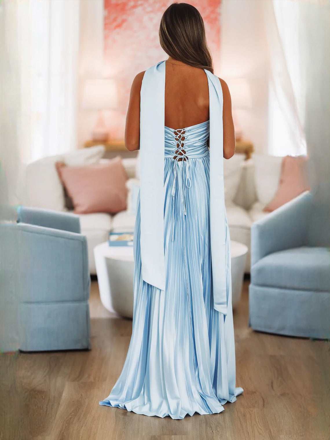 Light Blue a-line maxi formal dress with pleated skirt, full-length back view