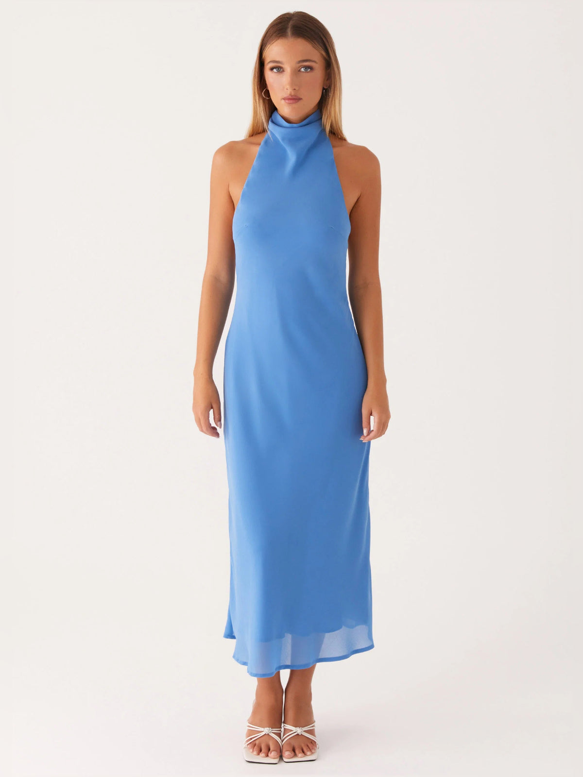 Azure halter midi formal dress with sleeveless high neck and straight skirt