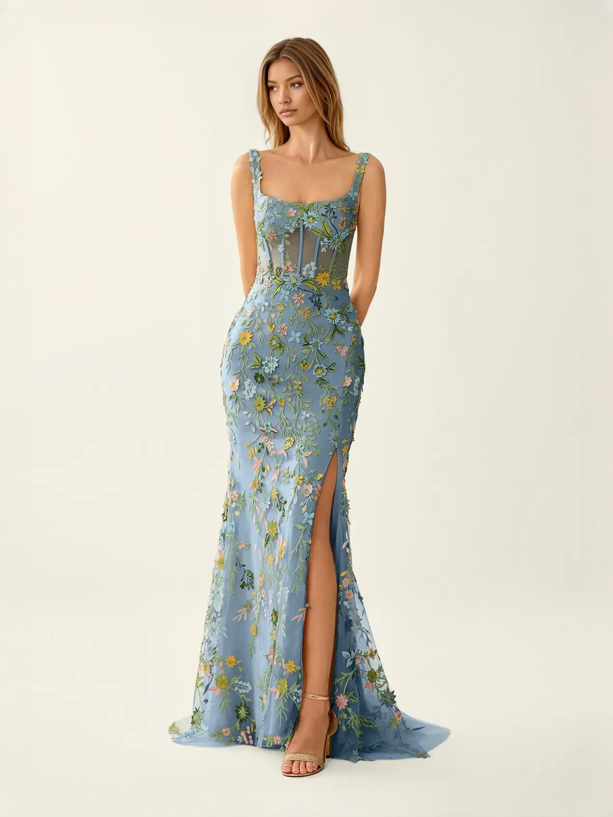 Dusty blue floral embroidered mermaid prom dress with square neckline and leg slit