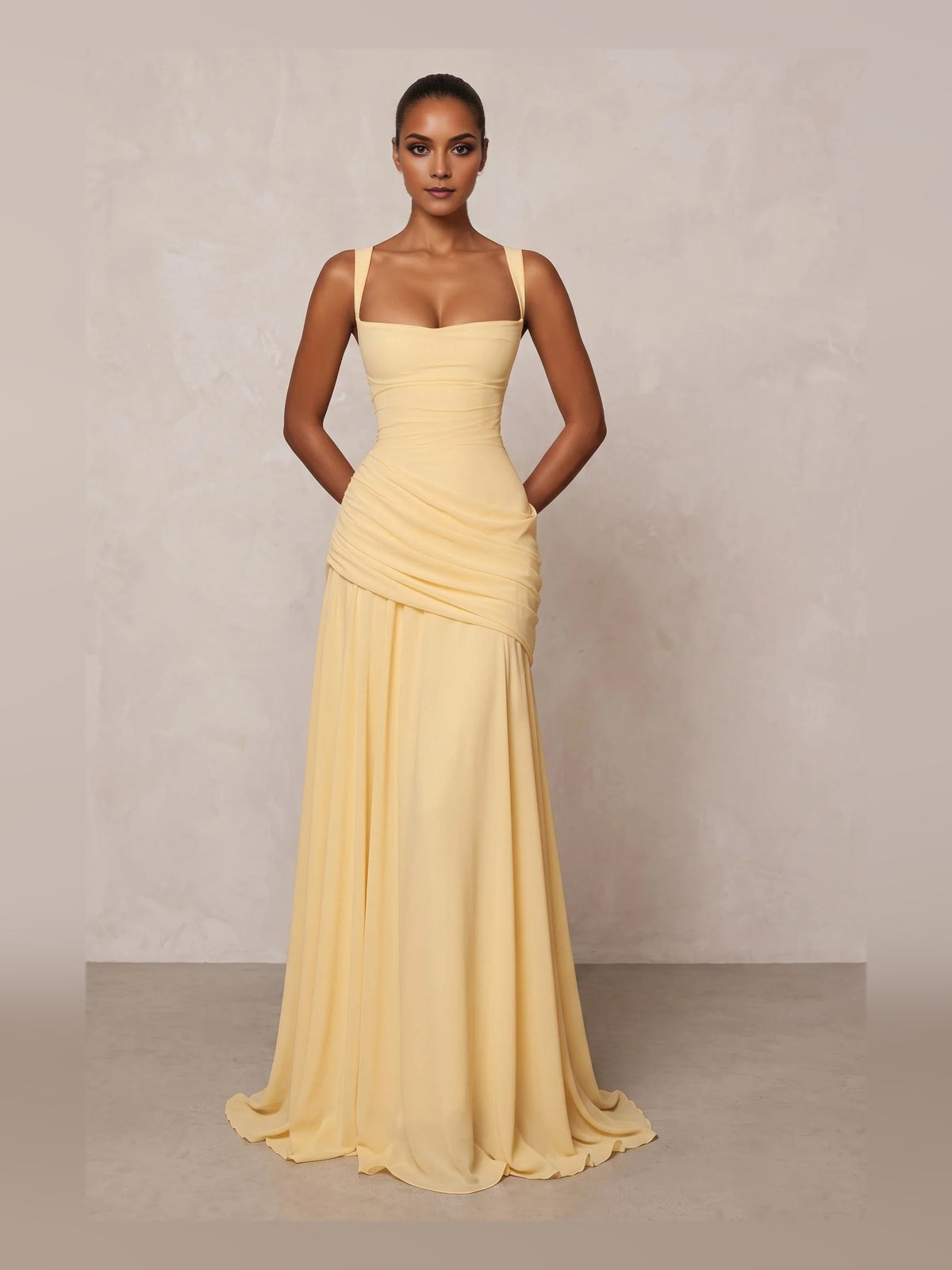 Pale lemon square-neck A-line prom dress with ruched drape bodice and thin straps
