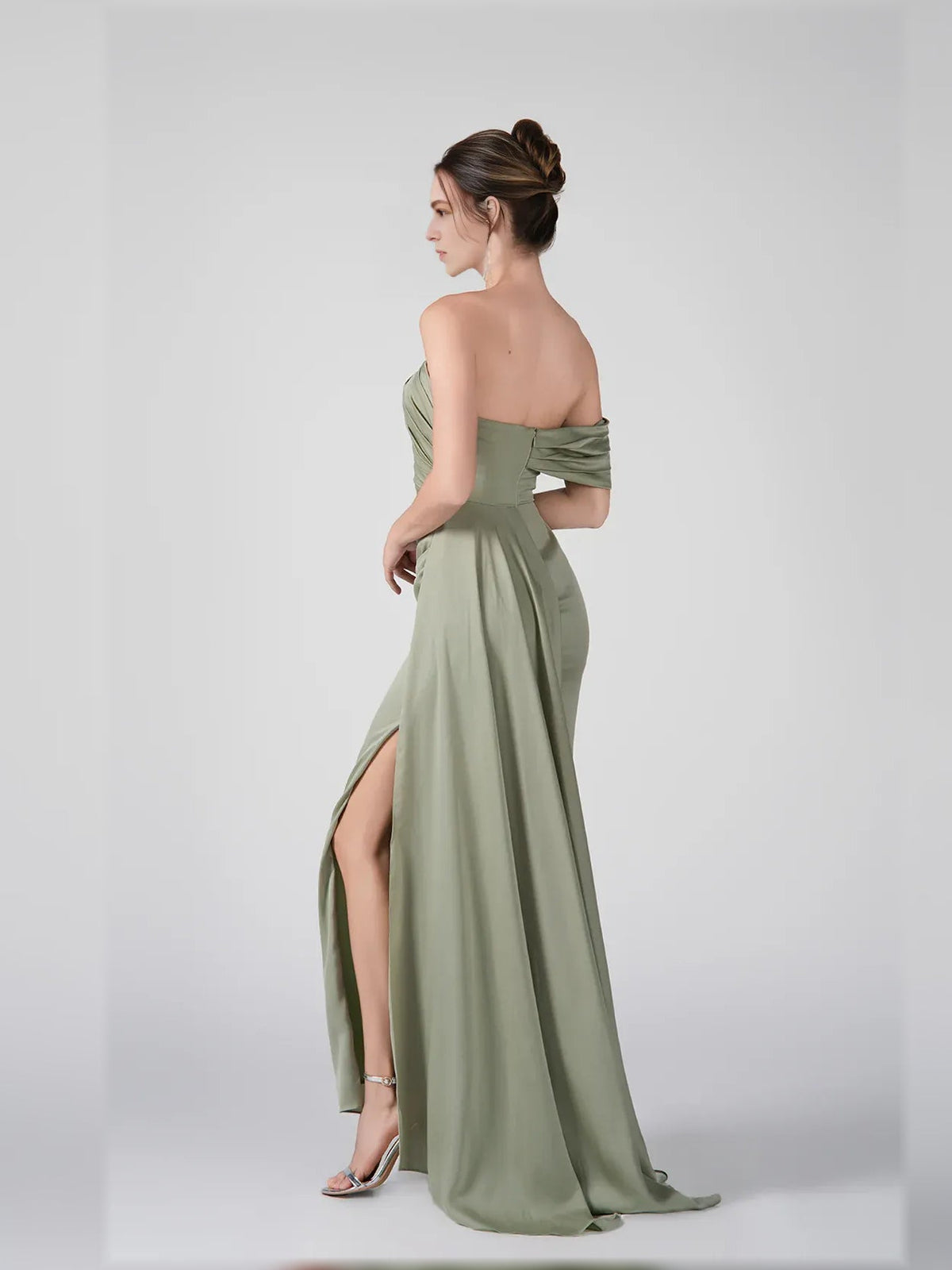 Dusty sage off-shoulder maxi dress back view with ruched bodice and side slit