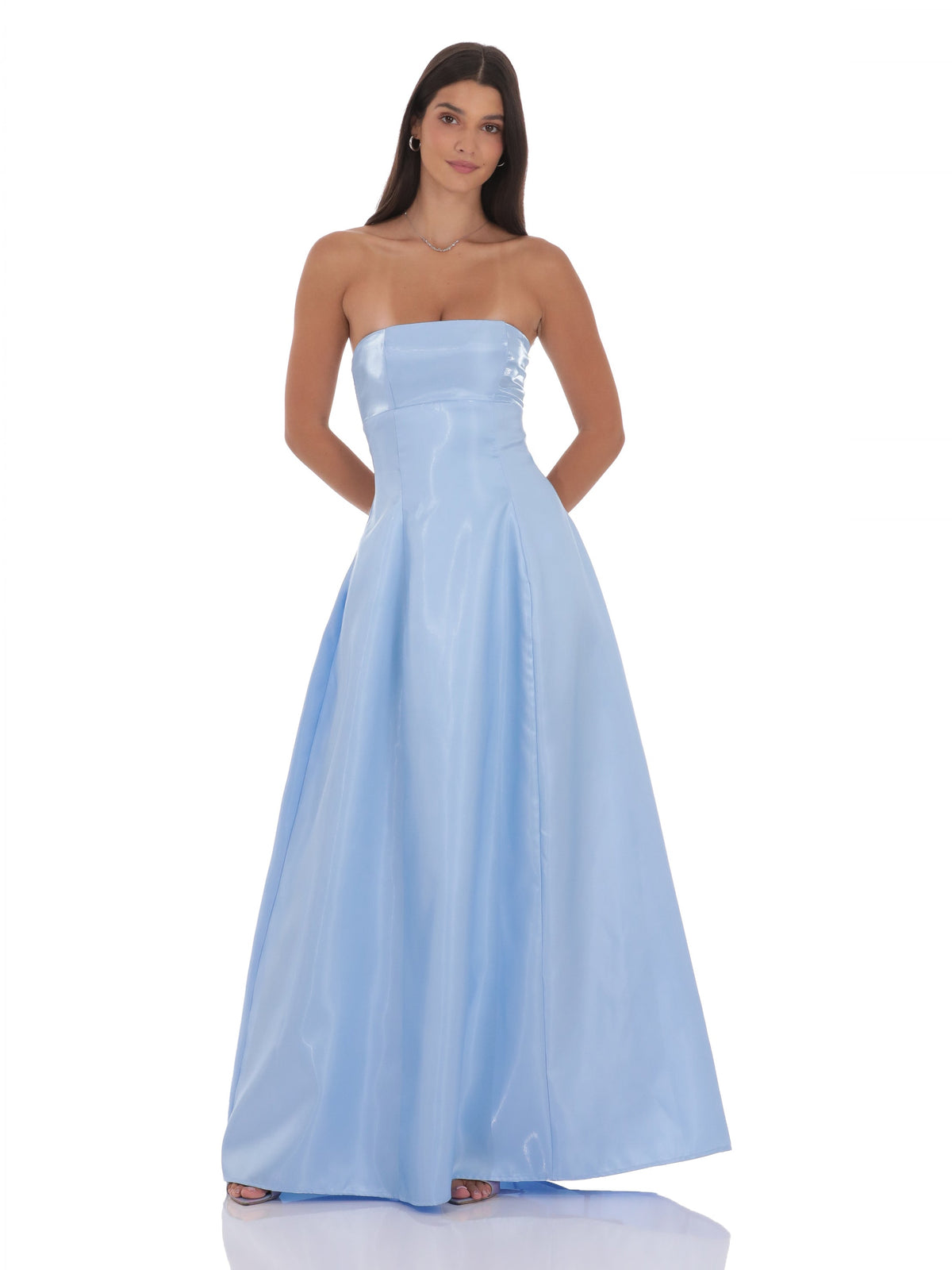 Blue bridesmaid dress with empire-waist silhouette