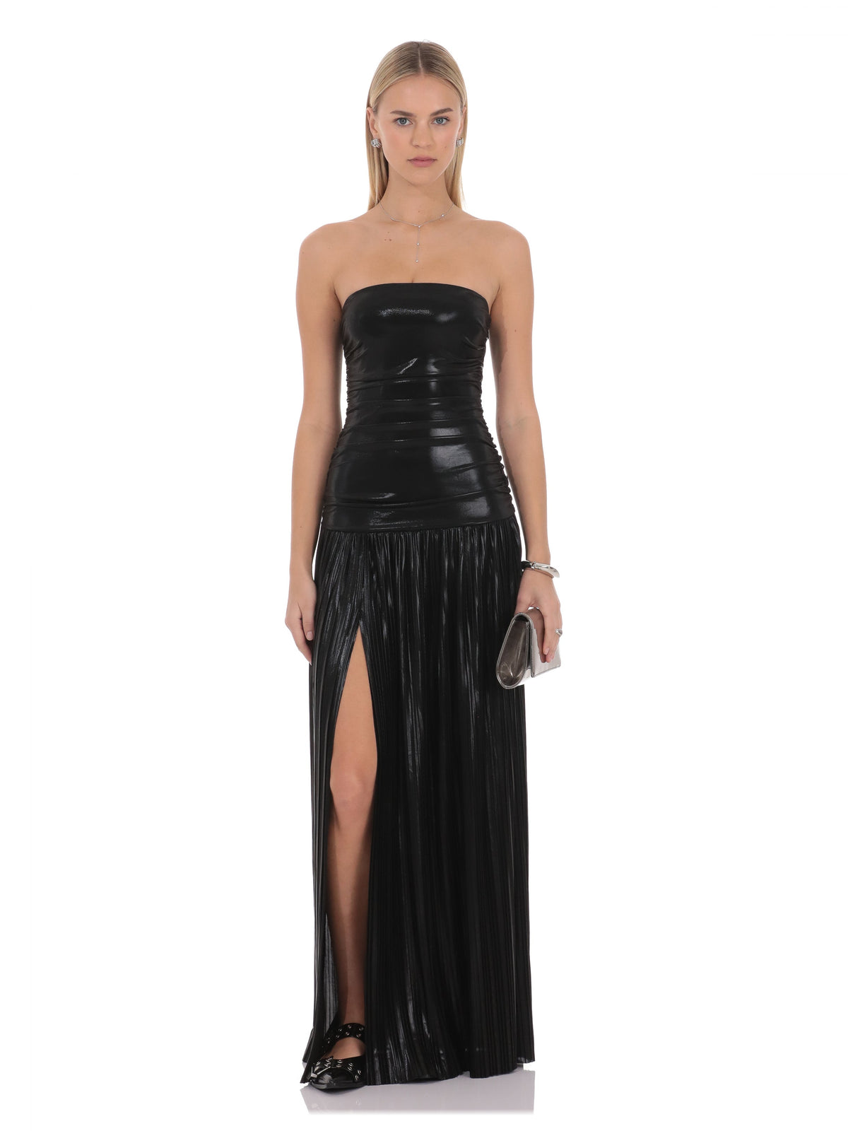 Black bridesmaid dress with strapless neckline