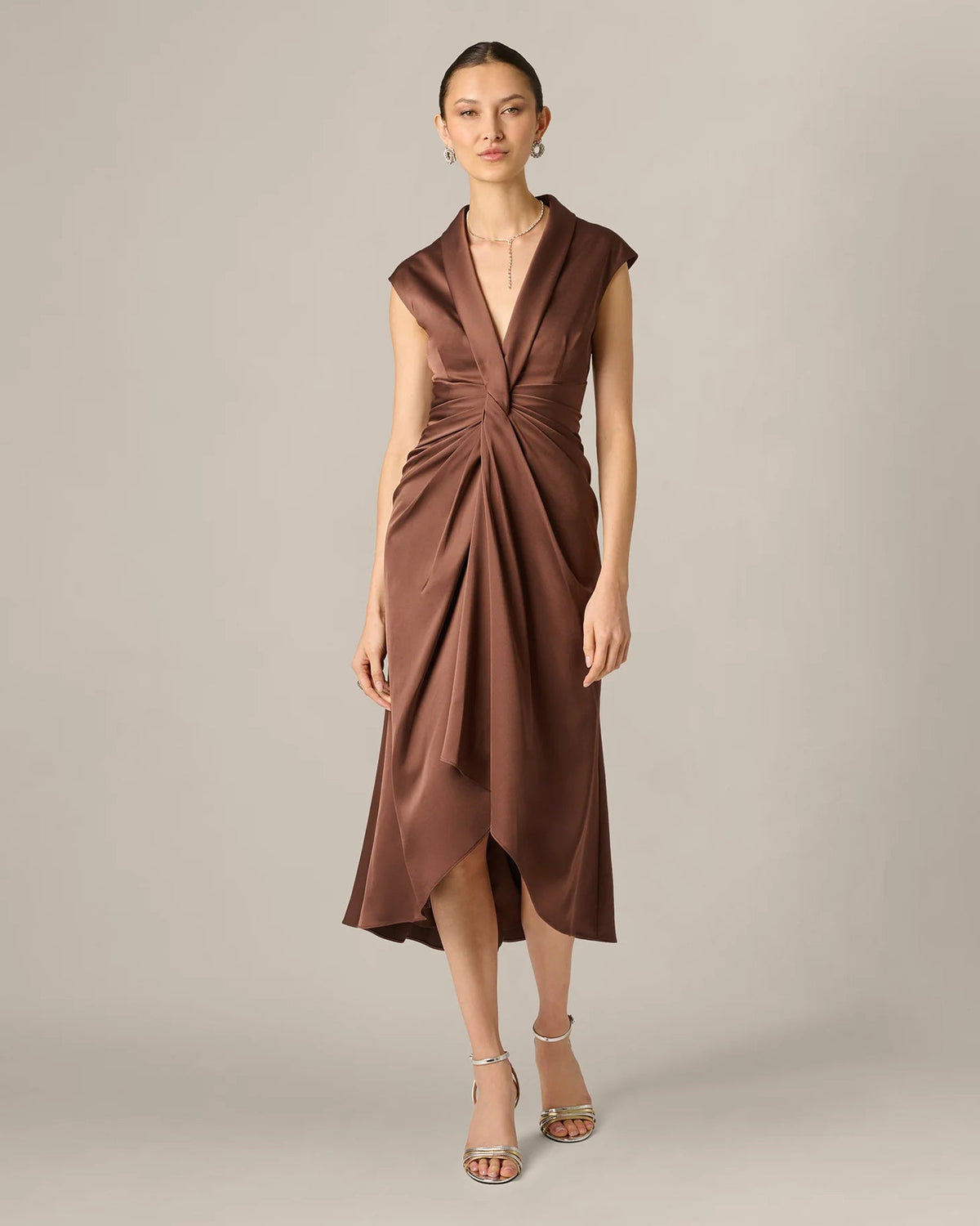 Espresso-brown A-line midi dress with sleeveless V-neck and twisted drape front, side view