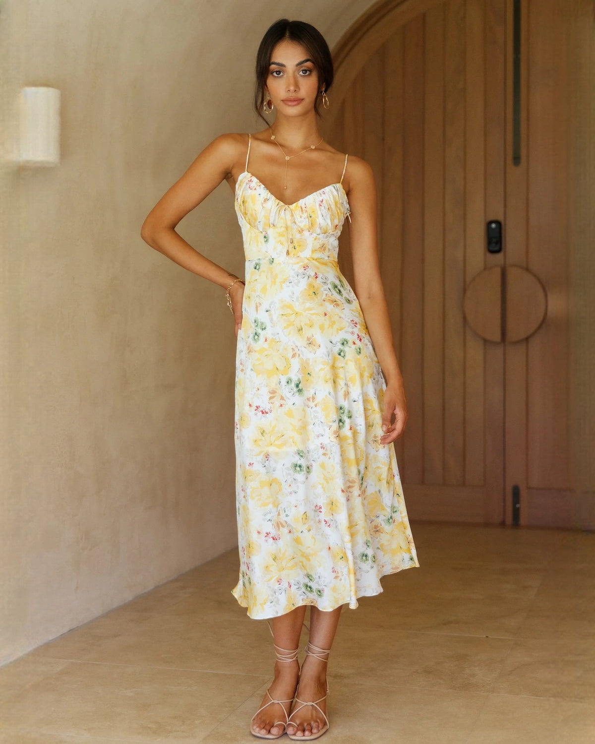 Yellow floral chiffon A-line midi dress with spaghetti straps and V-neck