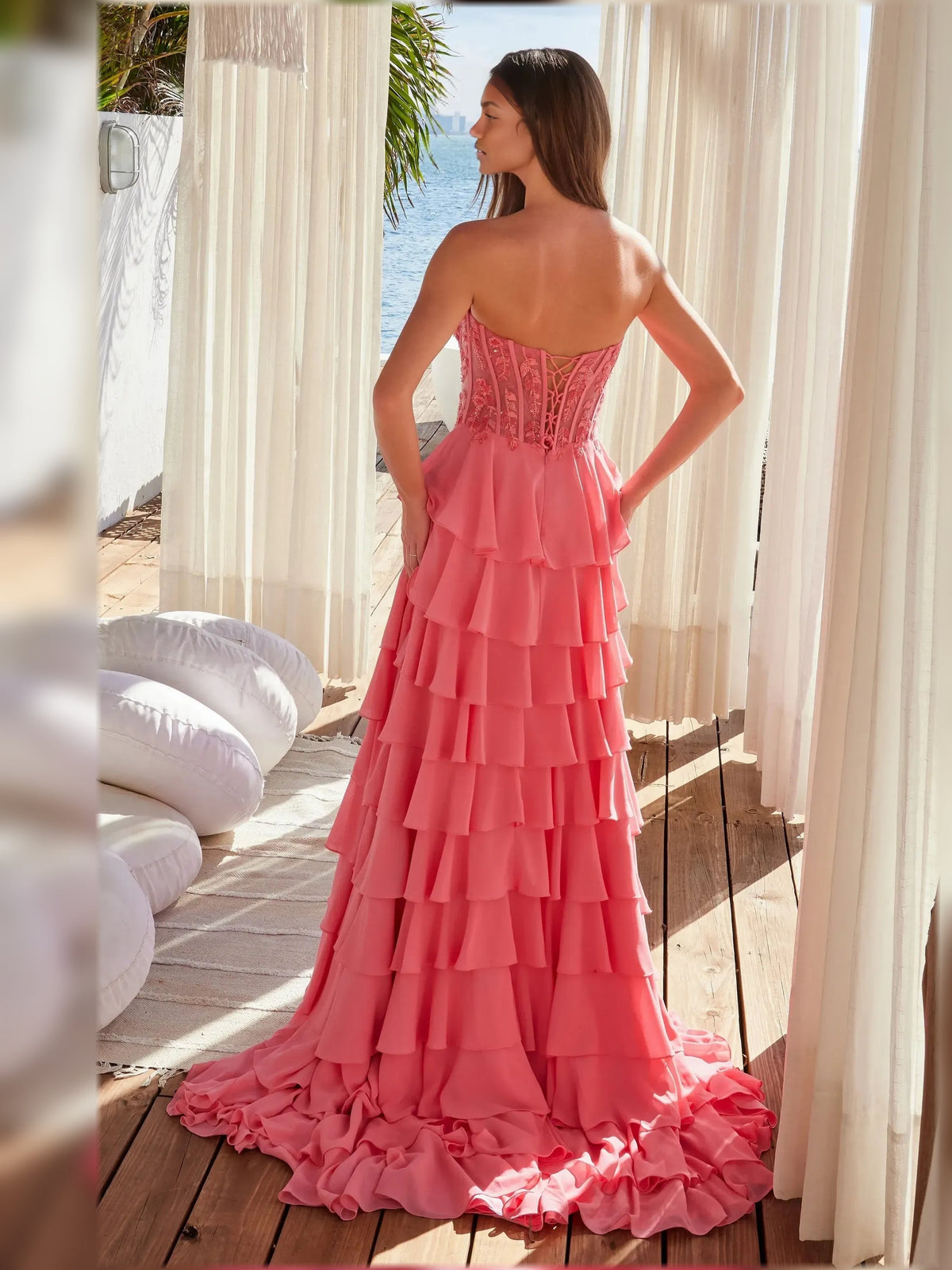 Watermelon pink A-line formal dress with tiered ruffle chiffon skirt and lace corset back