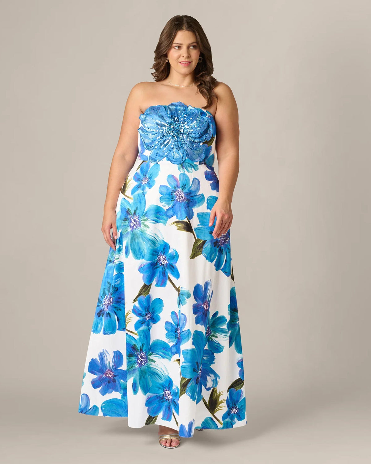 Strapless A-line maxi floral dress in blue and ivory with sweetheart ruffled neckline