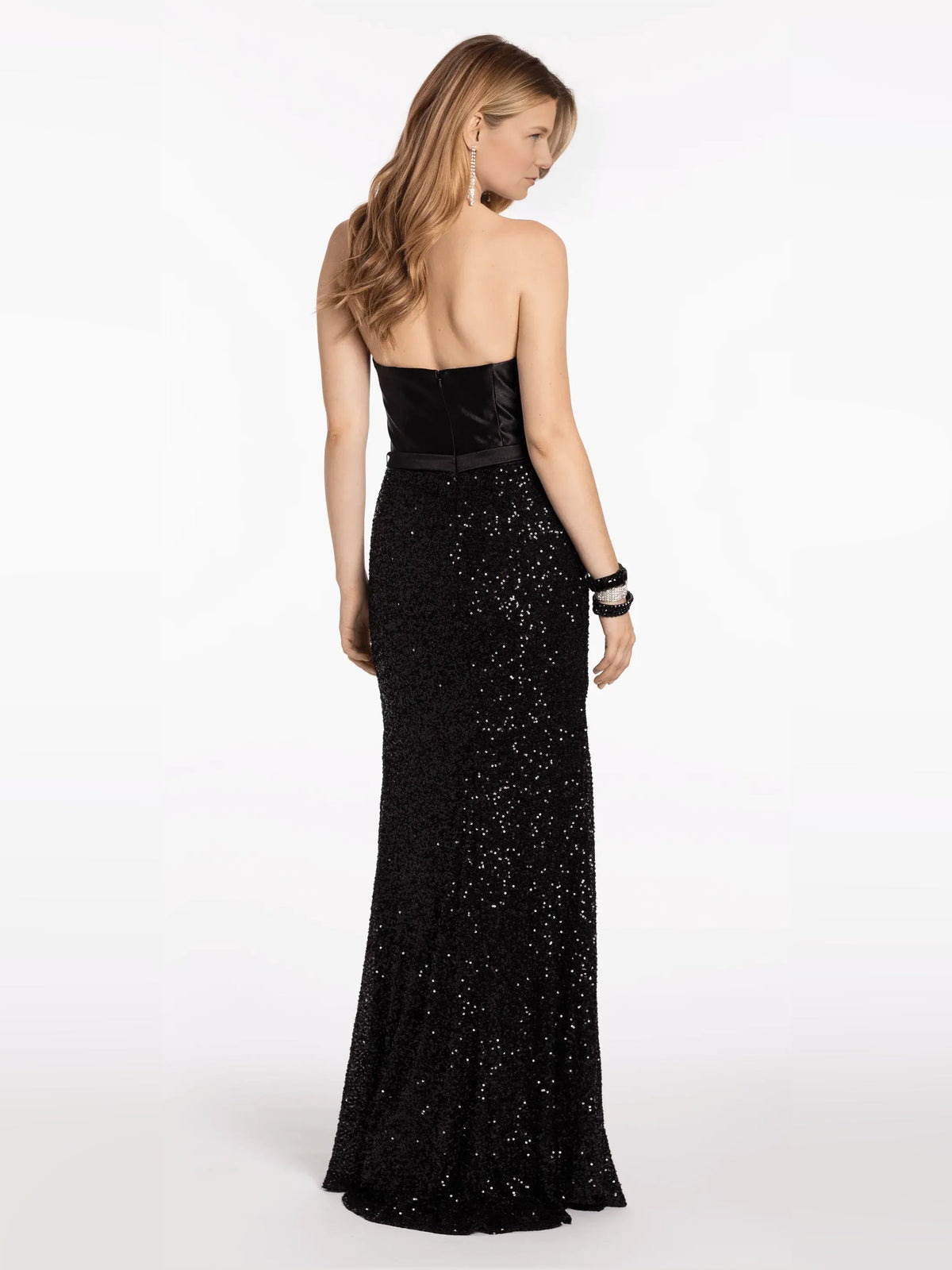 Black strapless satin-and-sequin mermaid gown with long fitted skirt