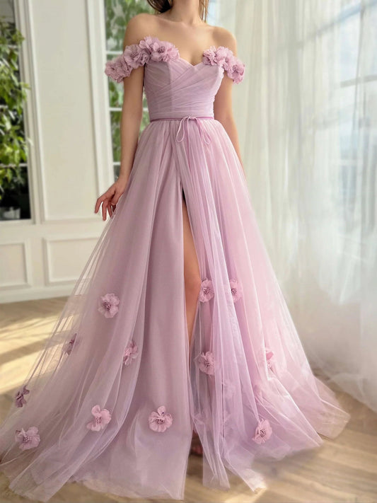 Lilac off-shoulder tulle prom dress, A-line skirt with front slit and flower appliques