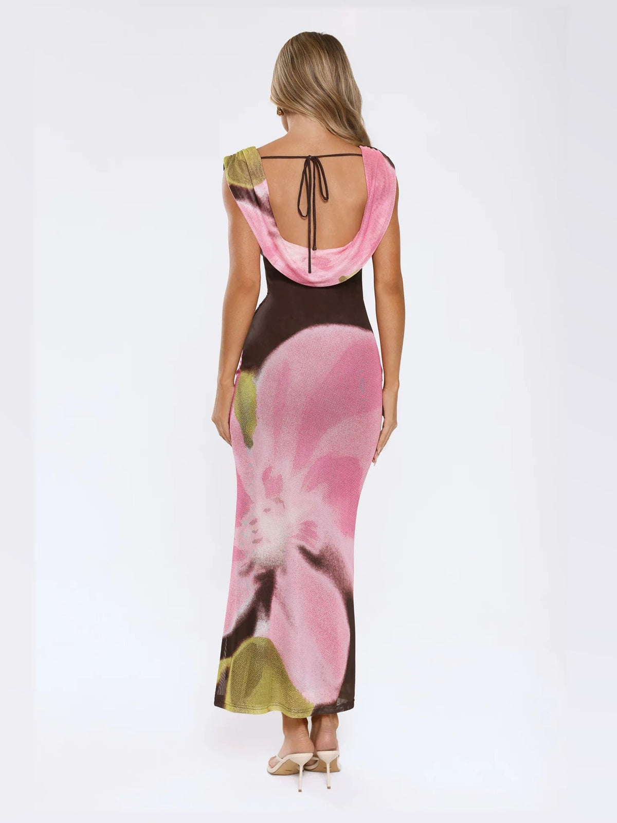 Brown maxi formal dress, back full-length view showing the bodice
