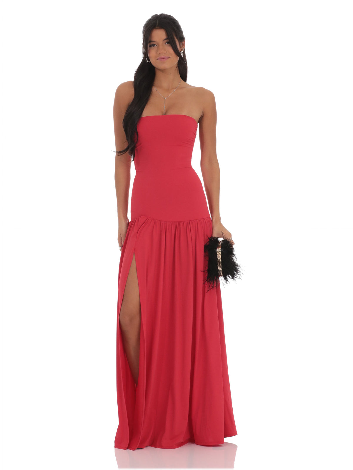 Red bridesmaid dress with strapless neckline