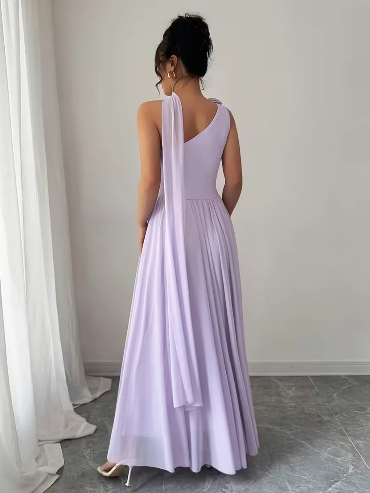 Lilac one-shoulder backless maxi prom dress with draped open-back design and gathered waist