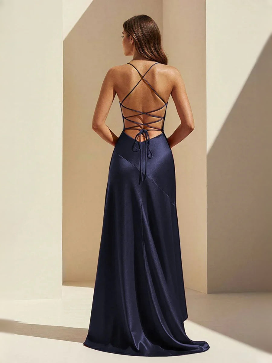 Dark navy satin mermaid prom dress with open back crisscross straps and tie