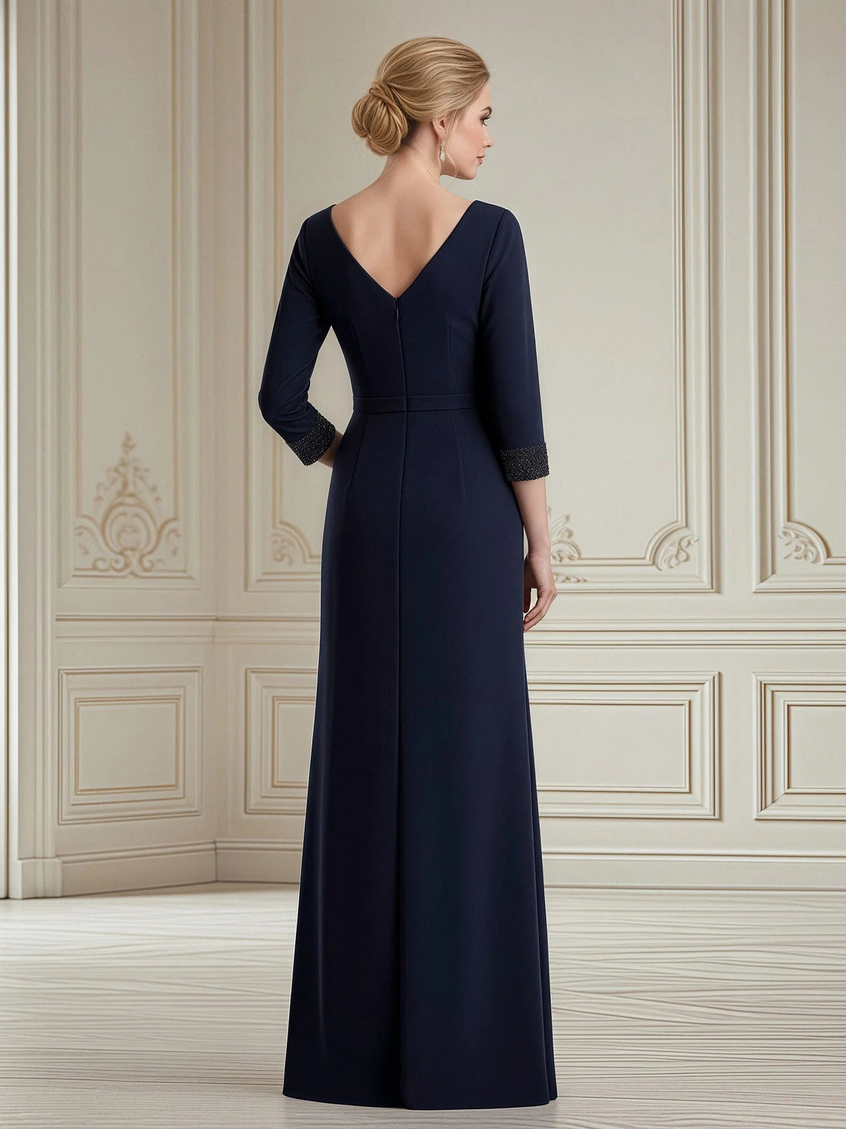 Dark navy floor-length sheath dress with V-neck back and three-quarter sleeves