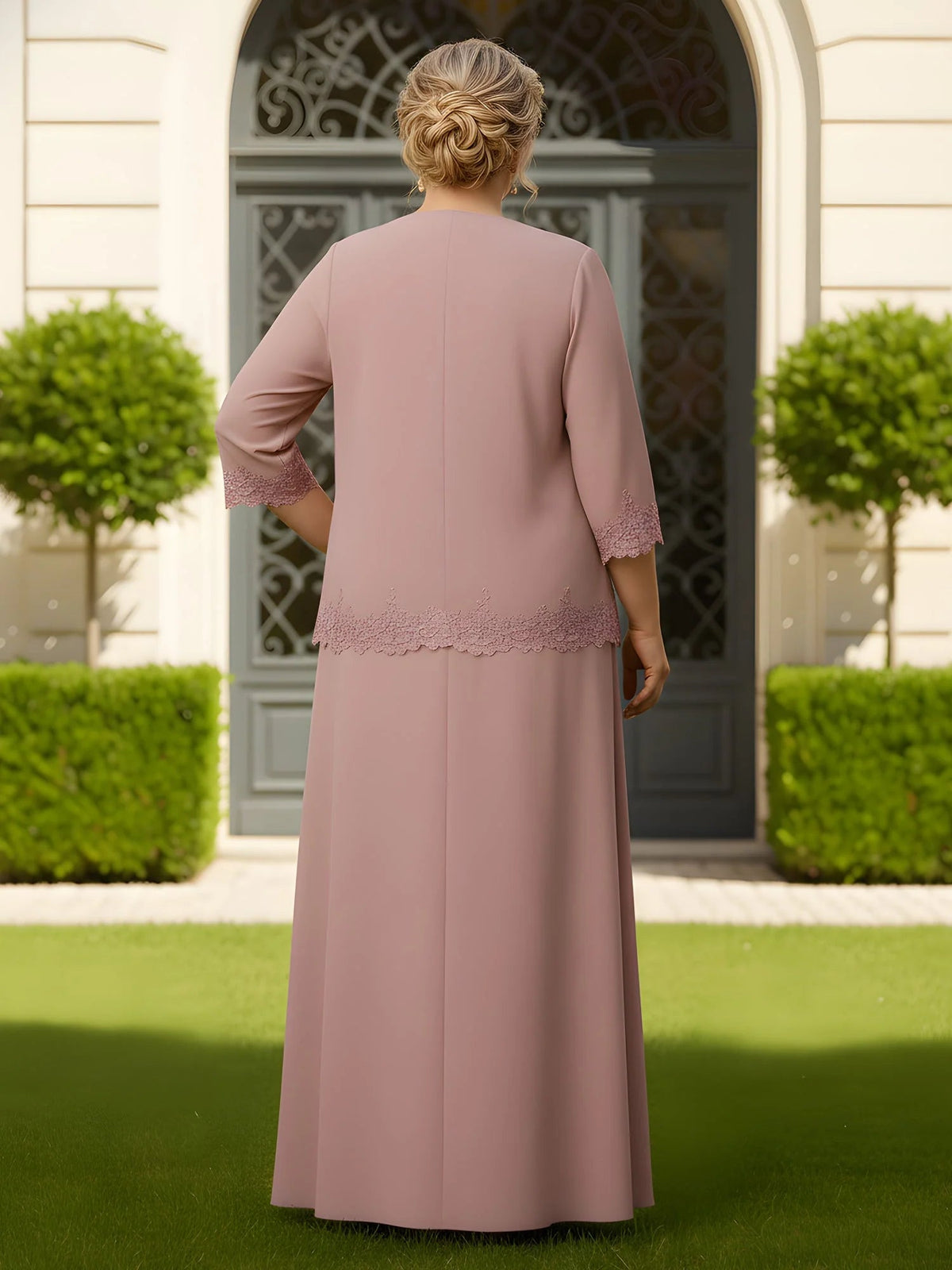 Dusty rose V-neck A-line maxi dress with lace hem detail and chiffon sleeves