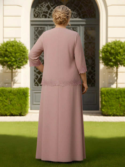Dusty rose V-neck A-line maxi dress with lace hem detail and chiffon sleeves