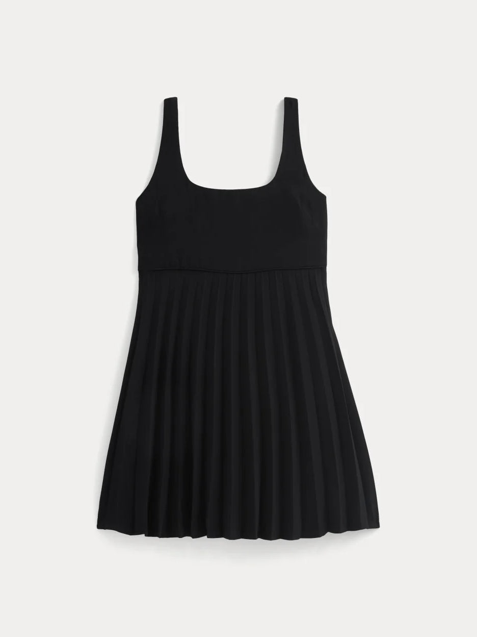 Black sleeveless mini dress with scoop neck and pleated A-line skirt