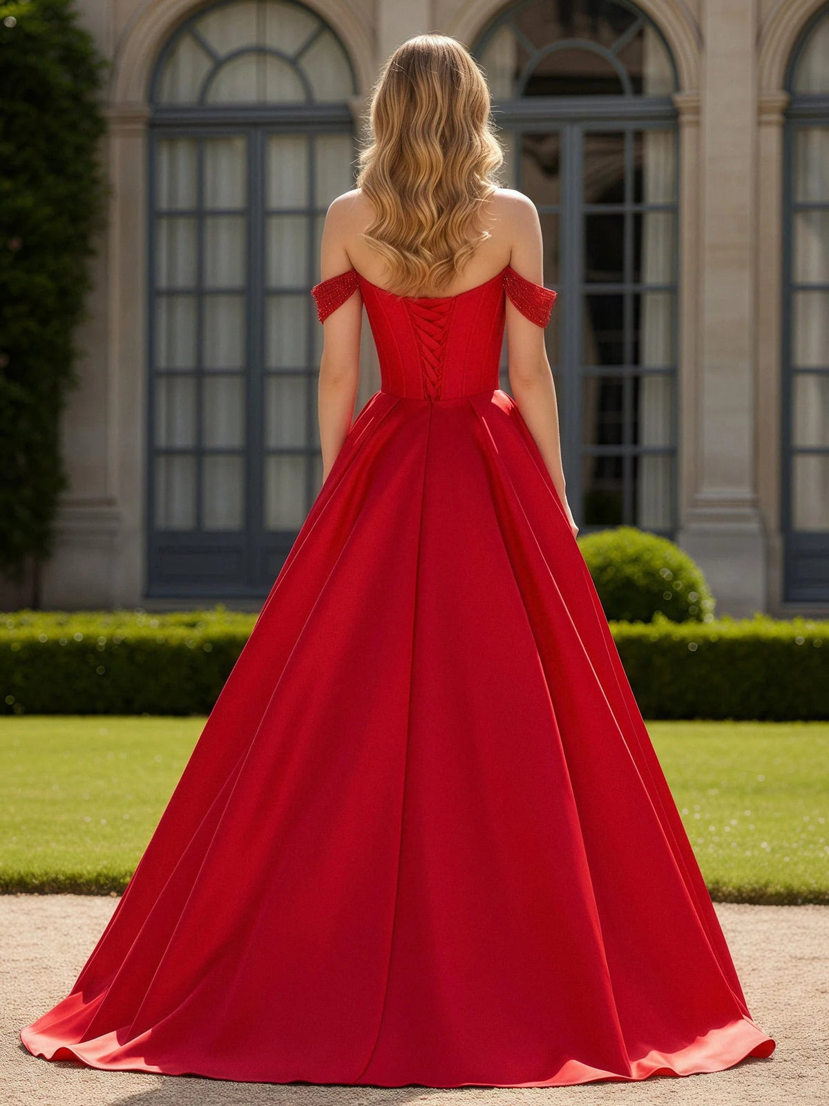Red off-shoulder corset A-line maxi dress, open-back corset detail and flowing skirt