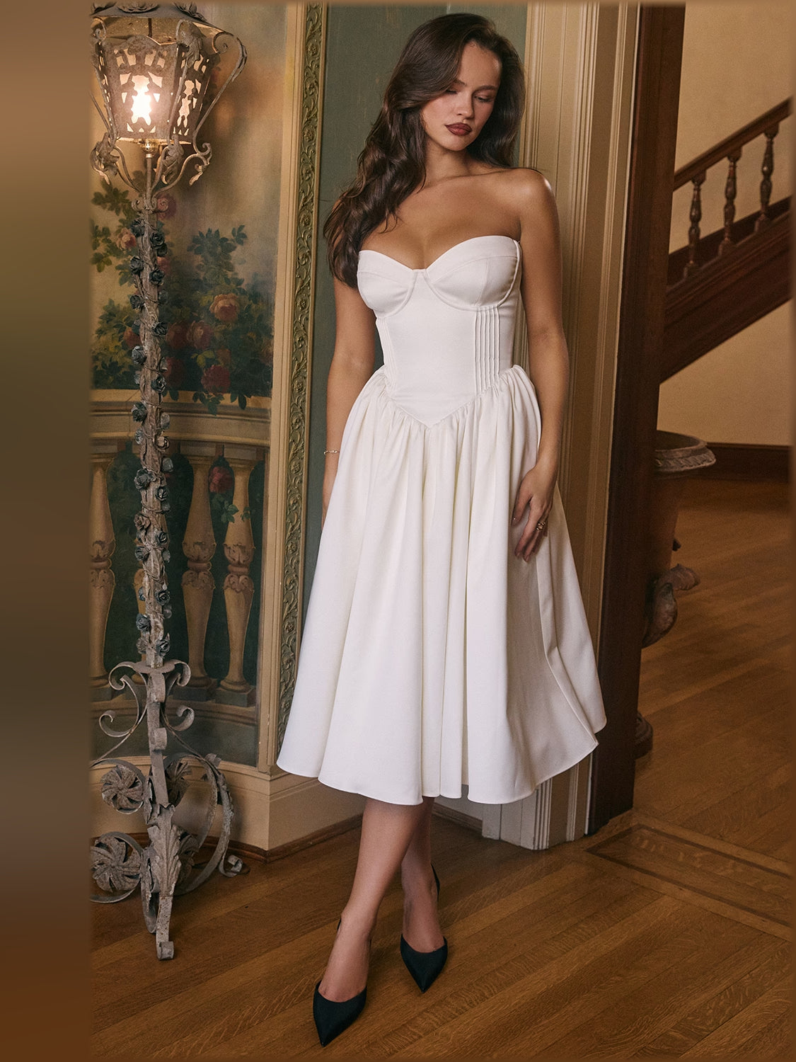 Ivory satin midi dress, corset-style bodice with sweetheart neckline and pleated skirt