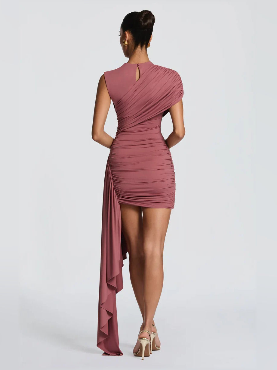 Dusty rose ruched mini dress, sleeveless back view with draped side sash