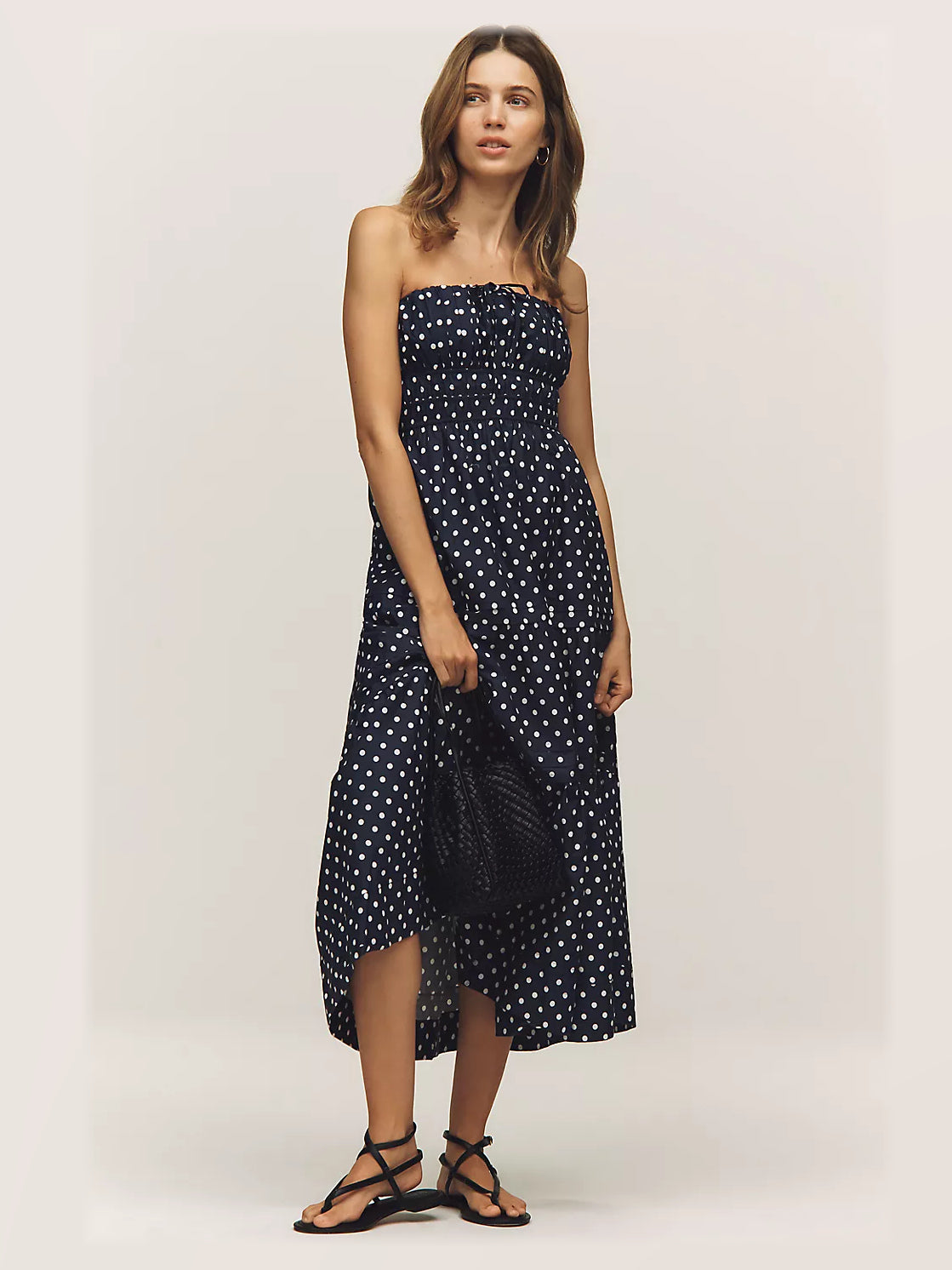 Navy Polka Dot formal dress with strapless neckline
