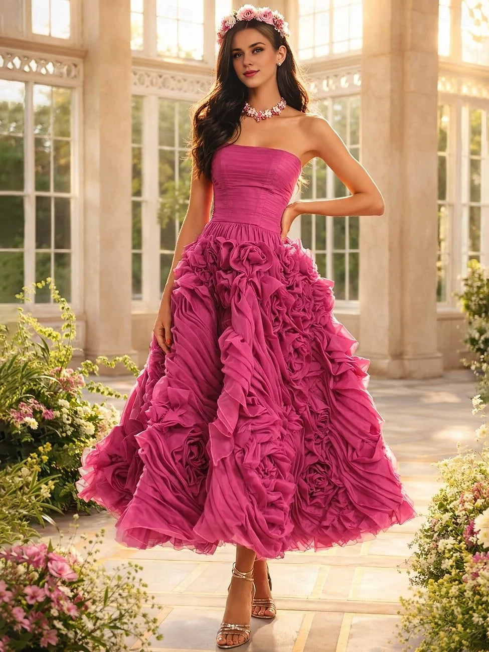 Strapless hot pink corset gown with layered floral ruffle tiers and A-line silhouette