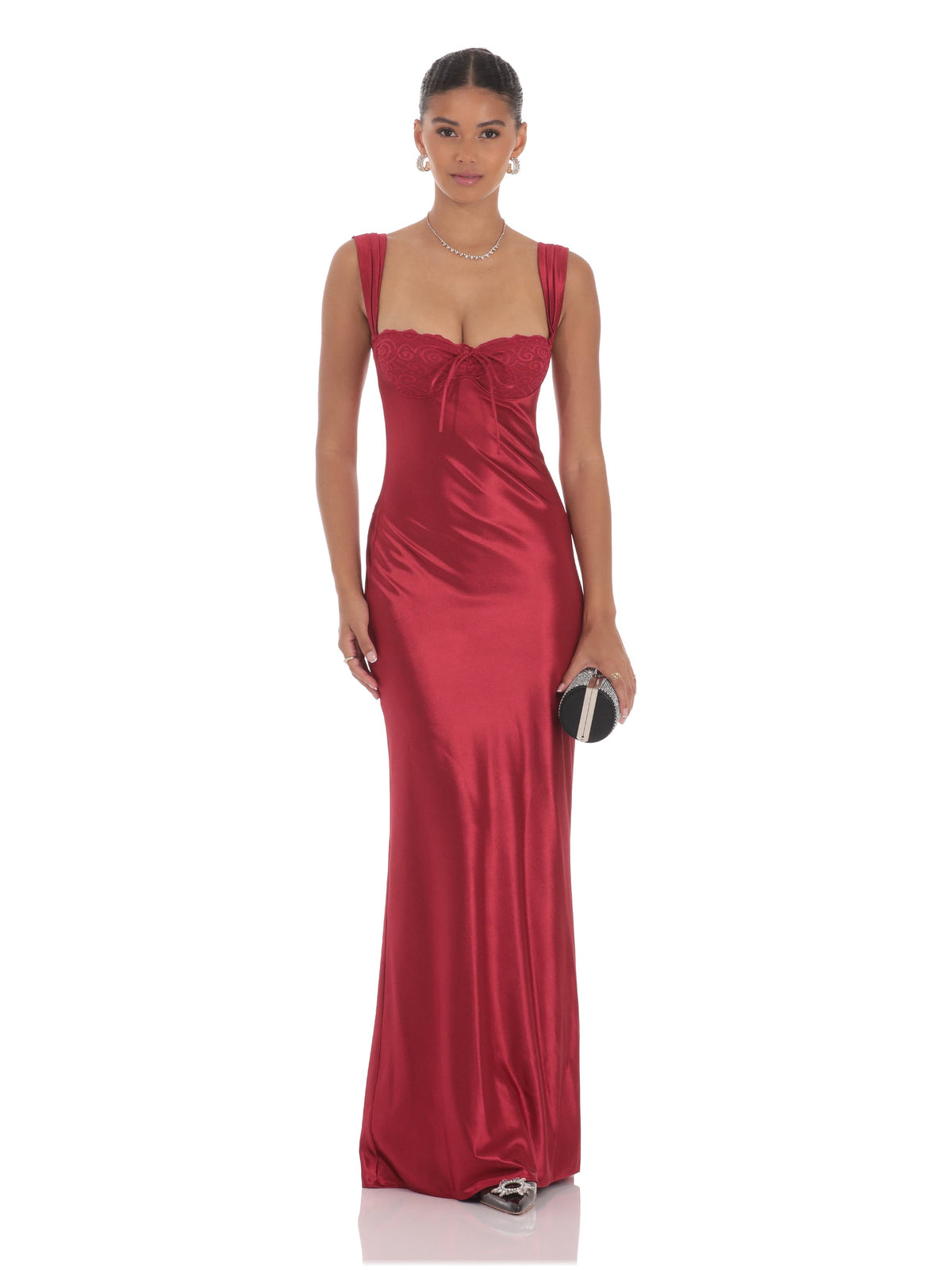 Red satin A-line maxi bridesmaid dress with lace-bust sweetheart neckline