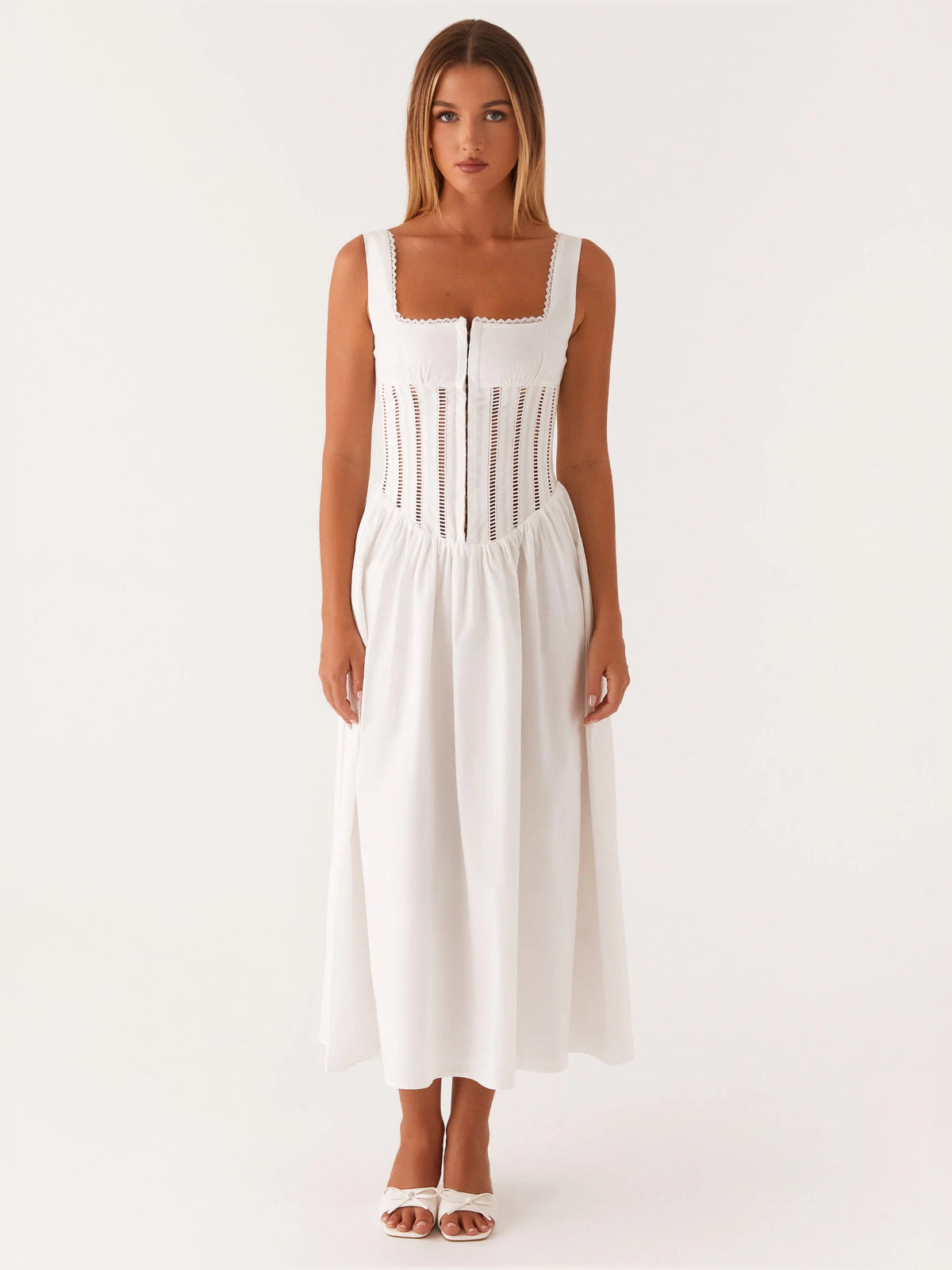 White midi formal dress, sleeveless square neck with lace trim, gathered flared skirt