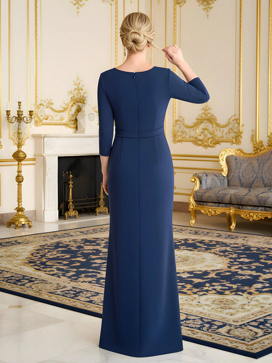 Navy floor-length mermaid dress, V-back with three-quarter sleeves