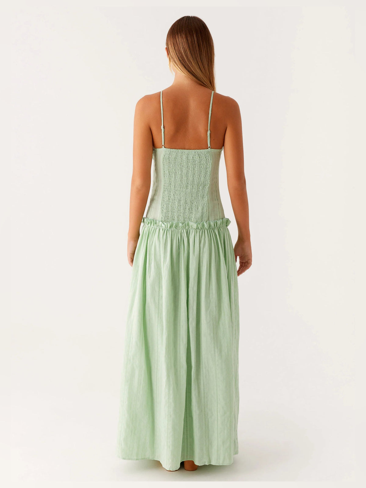 Sage a-line maxi formal dress with a-line, full-length back view