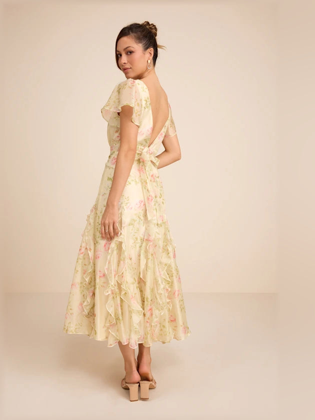 Light green floral ruffled midi dress, tiered skirt and cap sleeves