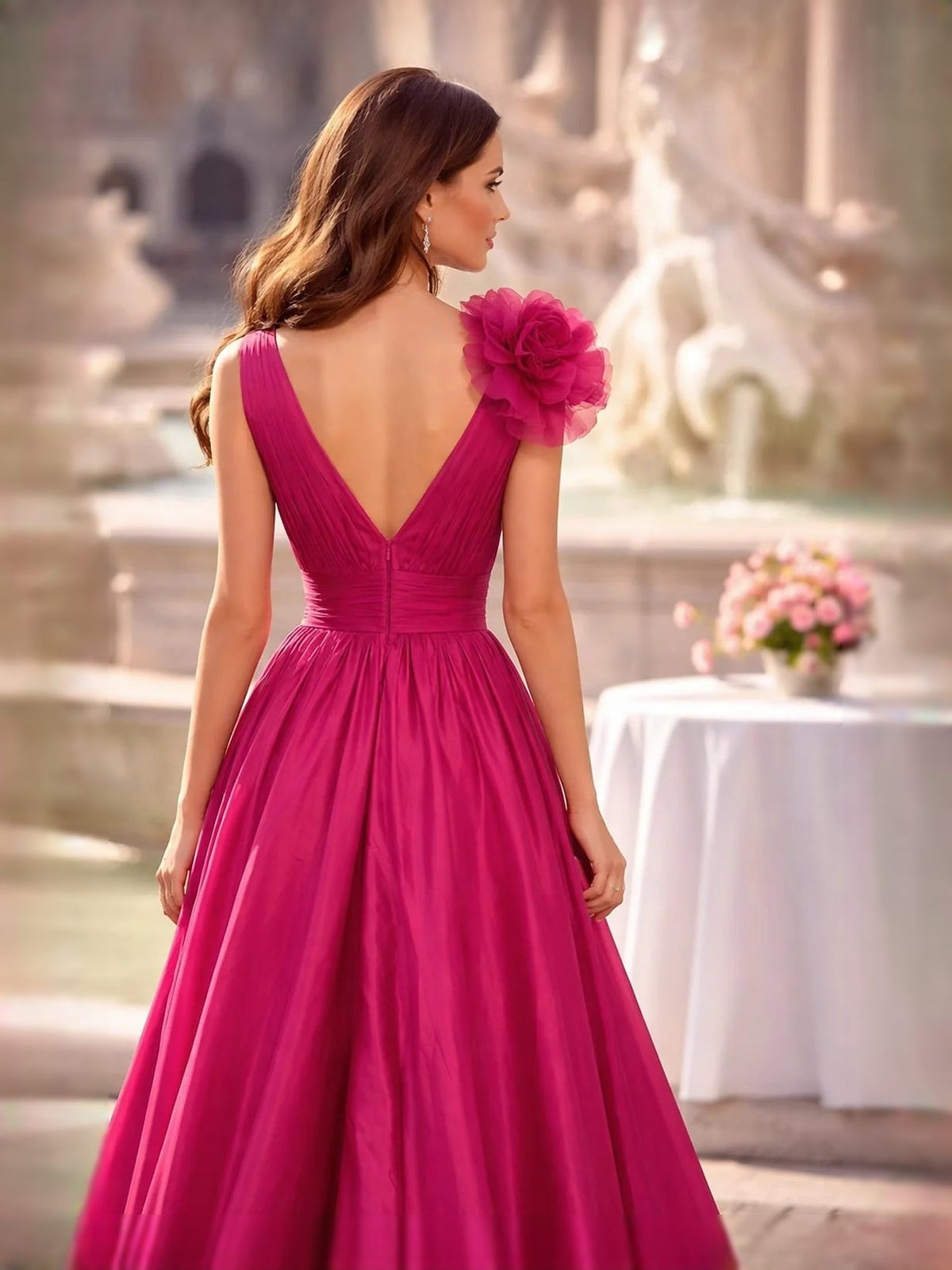 Hot pink satin A-line maxi dress with open back V-neck and ruffled floral drape