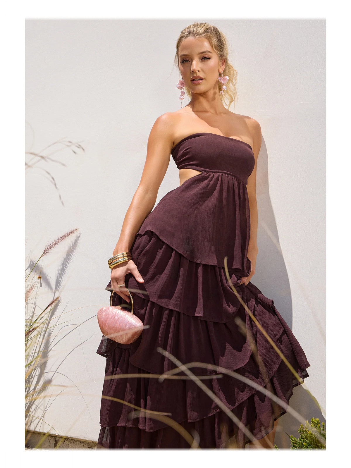 Brown formal dress with strapless neckline